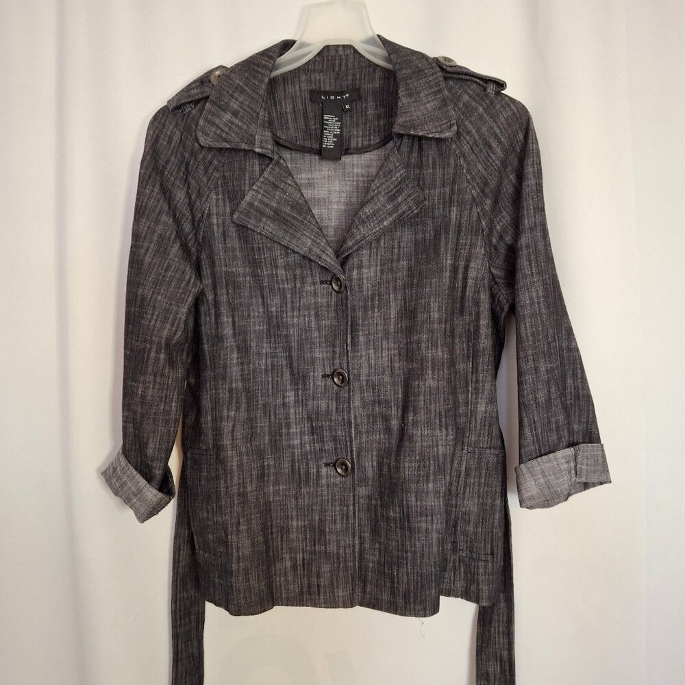 Trenchcoat Jacket Belted Size XL Grey Denim Long Sleeve Single Breasted